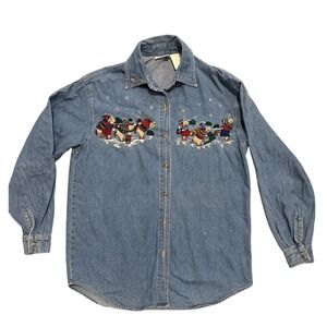 Bobbie Brooks Christmas Denim Shirt Embroidered Bears Button Down Long Sleeve